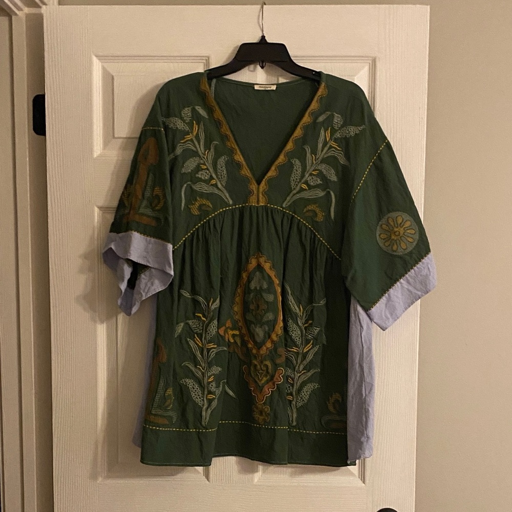 Green and Blue Embroidered Mini Dress